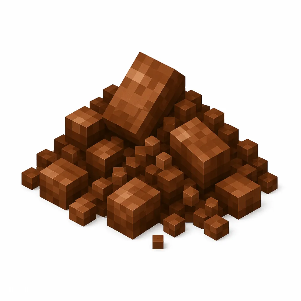 Pixel art illustration of a small pile of cocoa brown dye powder with scattered grains