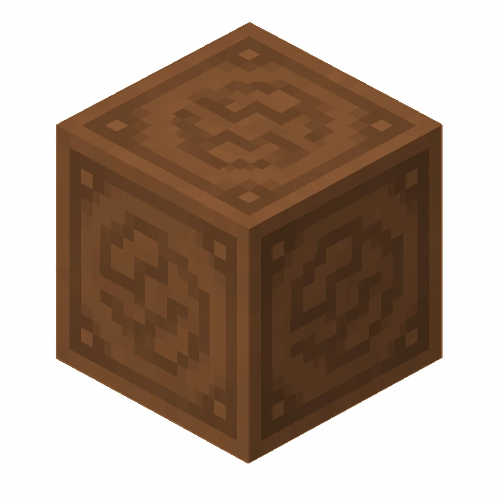 Pixel art illustration of a brown glazed terracotta block with a swirling ornate pattern