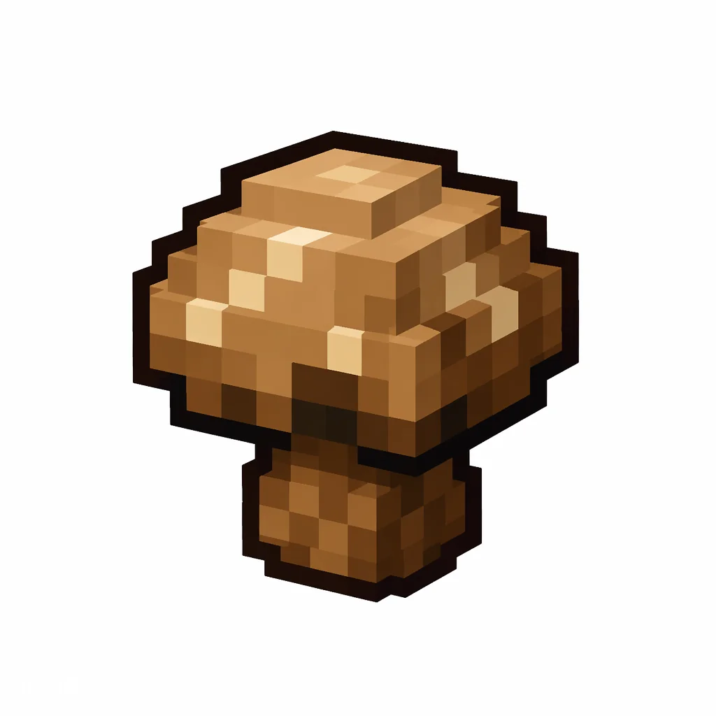 Pixel art illustration of a brown mushroom in chunky voxel game style