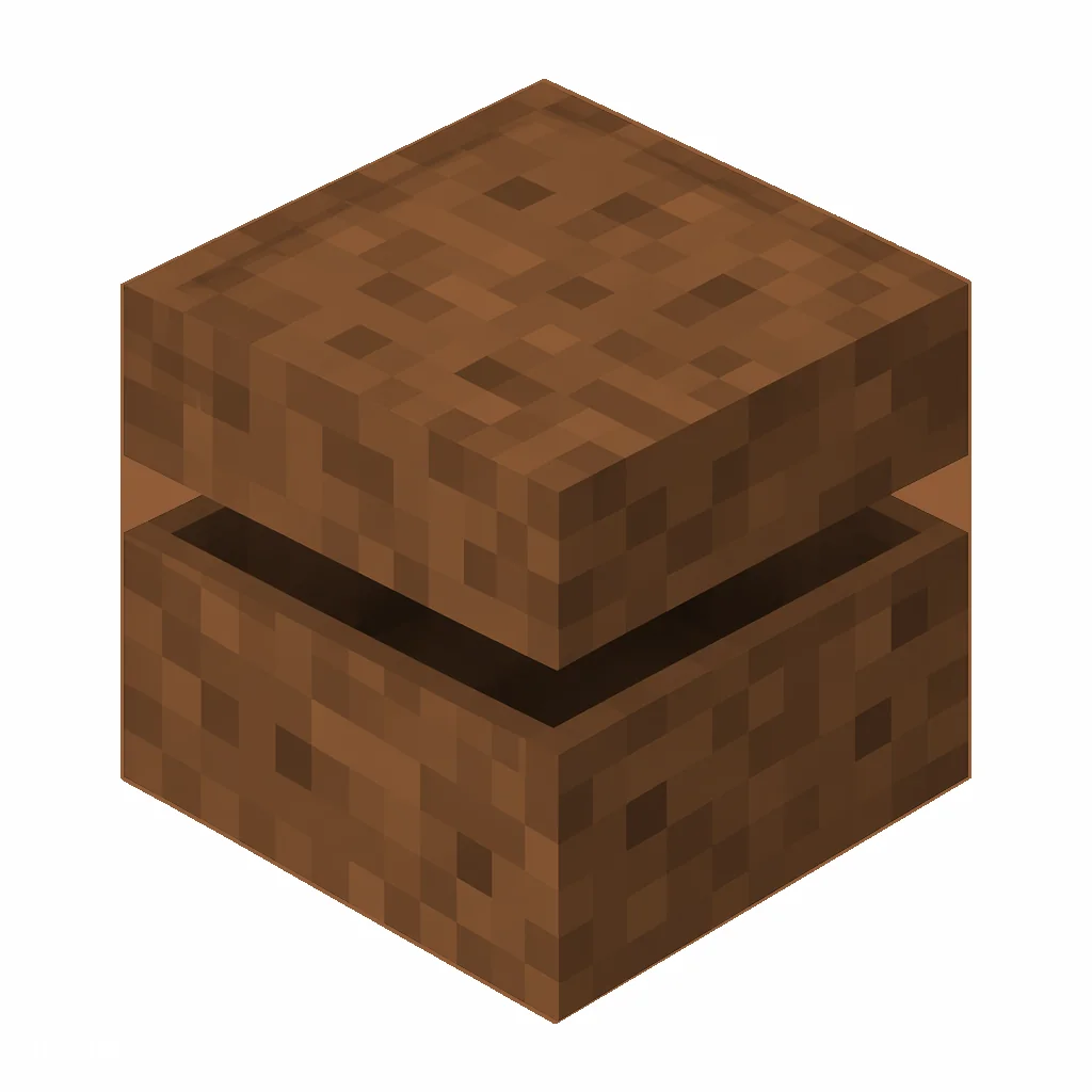 Pixel art illustration of a brown shulker box with a raised clam-shell lid