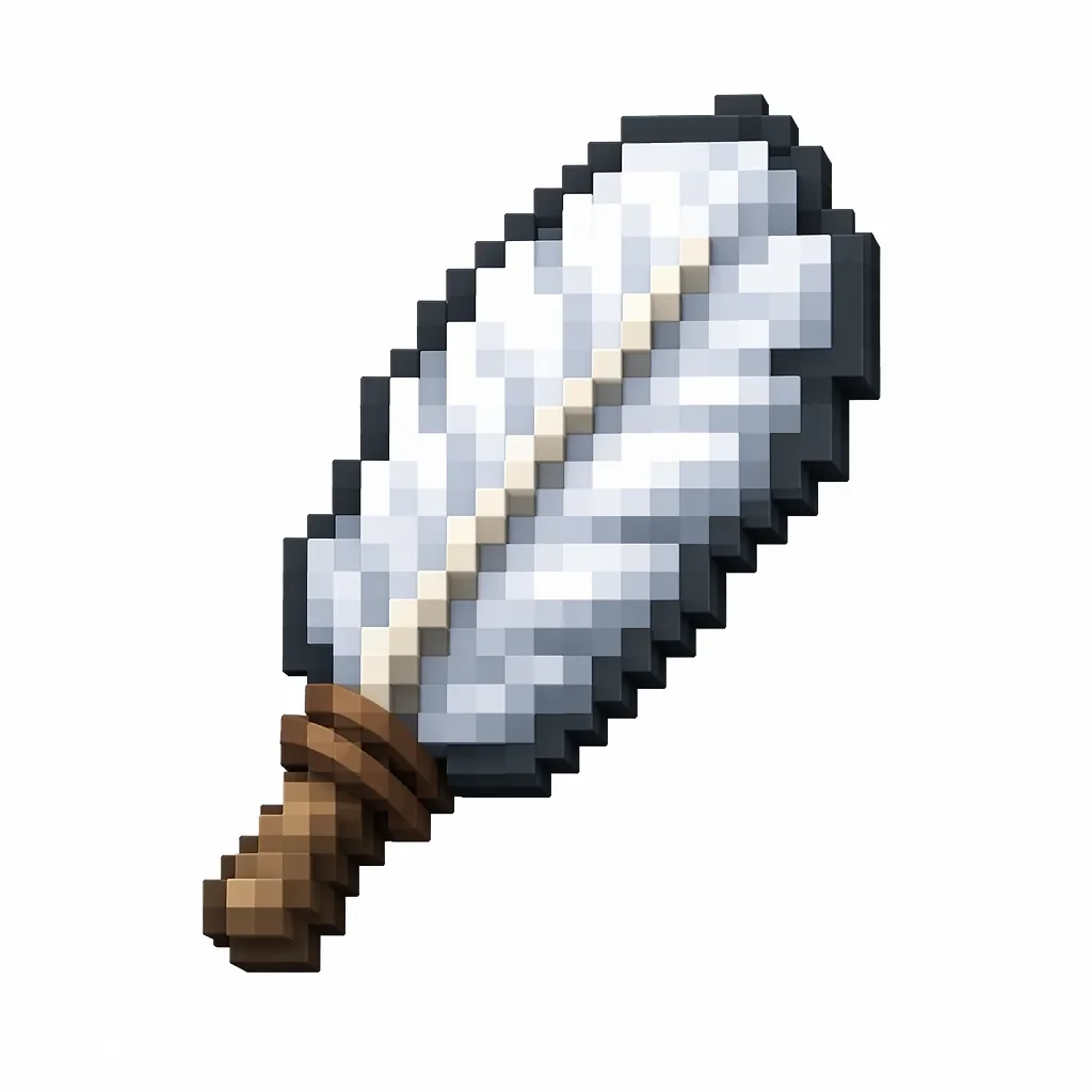 Pixel art illustration of a brush, a white feather tied to a short wooden handle