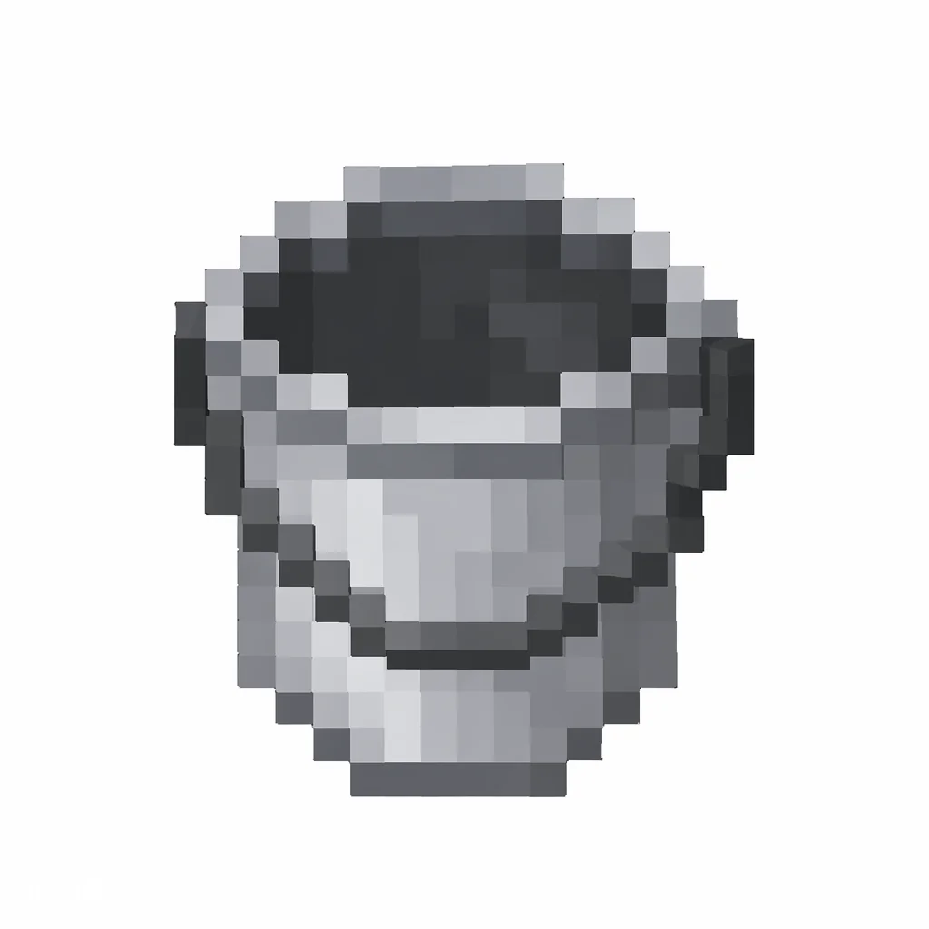 Pixel art illustration of an empty light gray iron bucket
