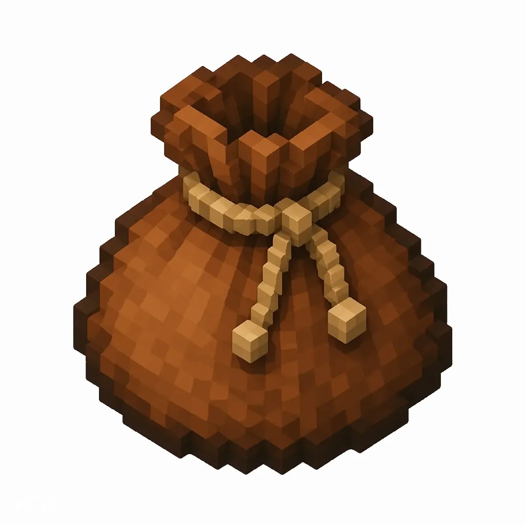 Pixel art illustration of a brown leather bundle pouch tied at the top