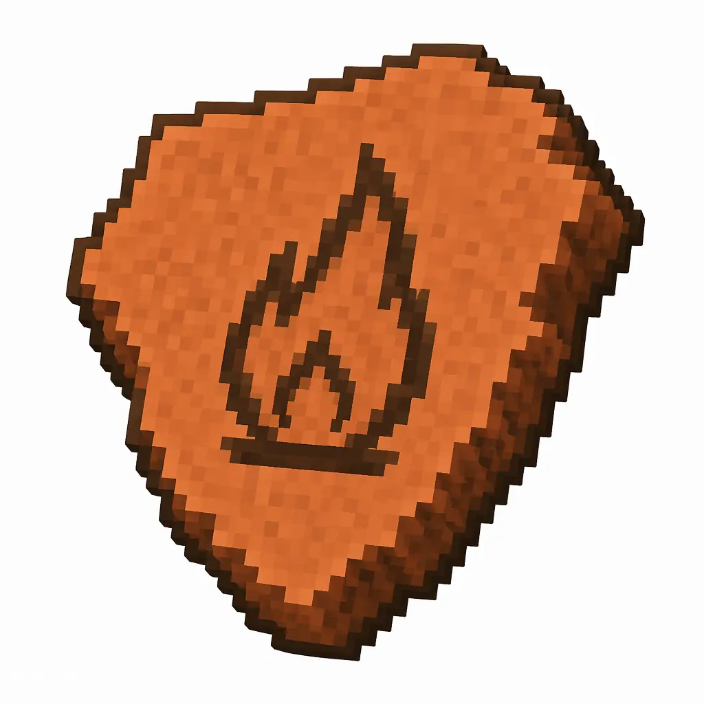 Pixel art illustration of a terracotta pottery sherd engraved with a flame pictograph