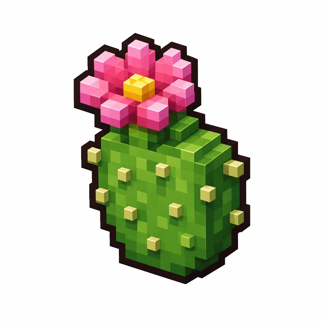 Pixel art illustration of a cactus flower in chunky voxel game style