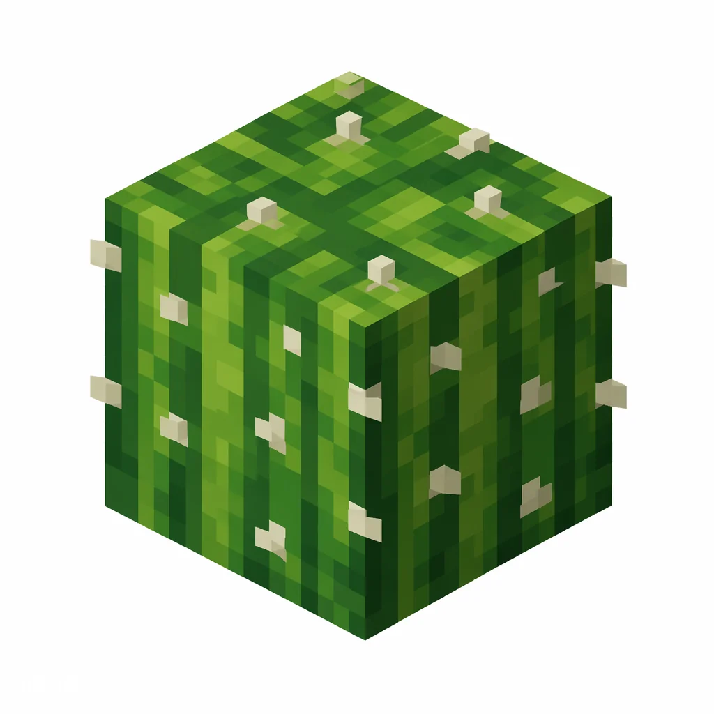 Pixel art illustration of a green cactus block with vertical ridges and spines