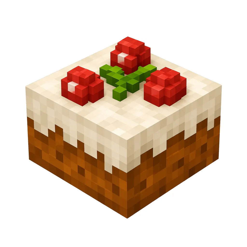 Pixel art illustration of a square cake with white cream frosting and red cherries on top