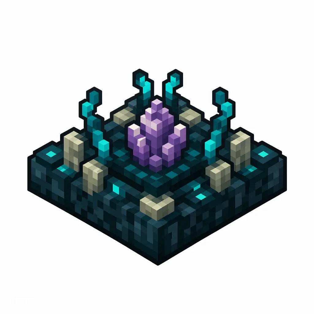 Pixel art illustration of a calibrated sculk sensor with a violet amethyst listener and glowing cyan tendrils