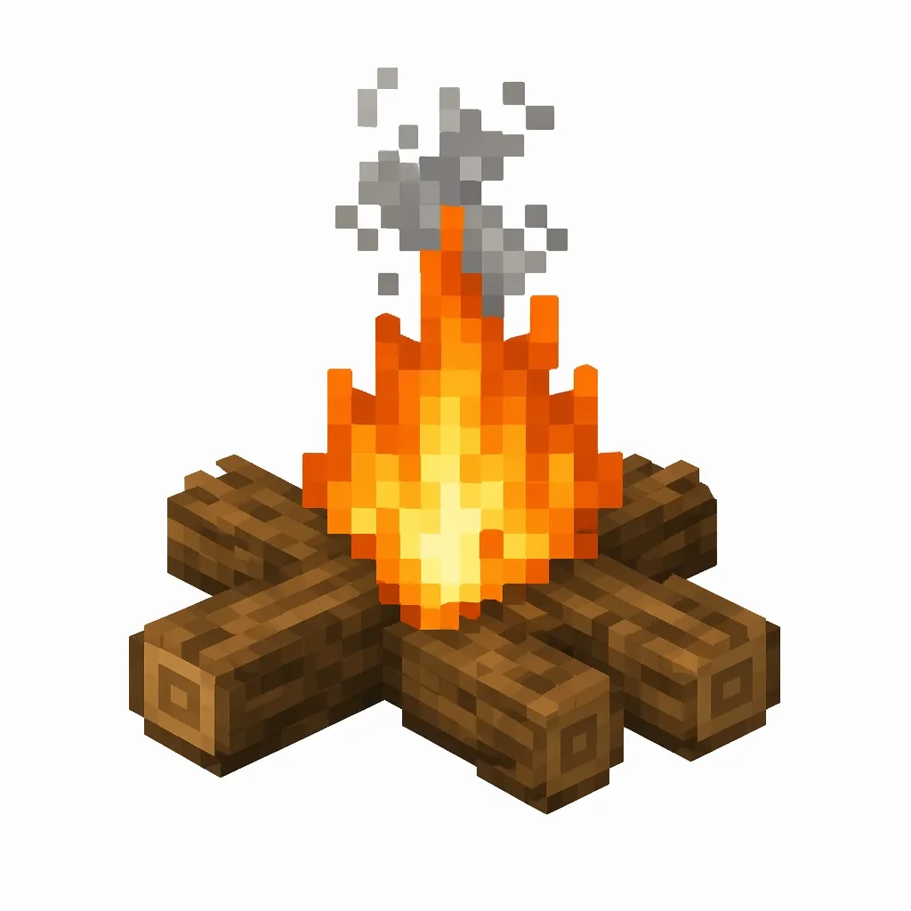 Pixel art illustration of a campfire with crossed logs and bright orange flames