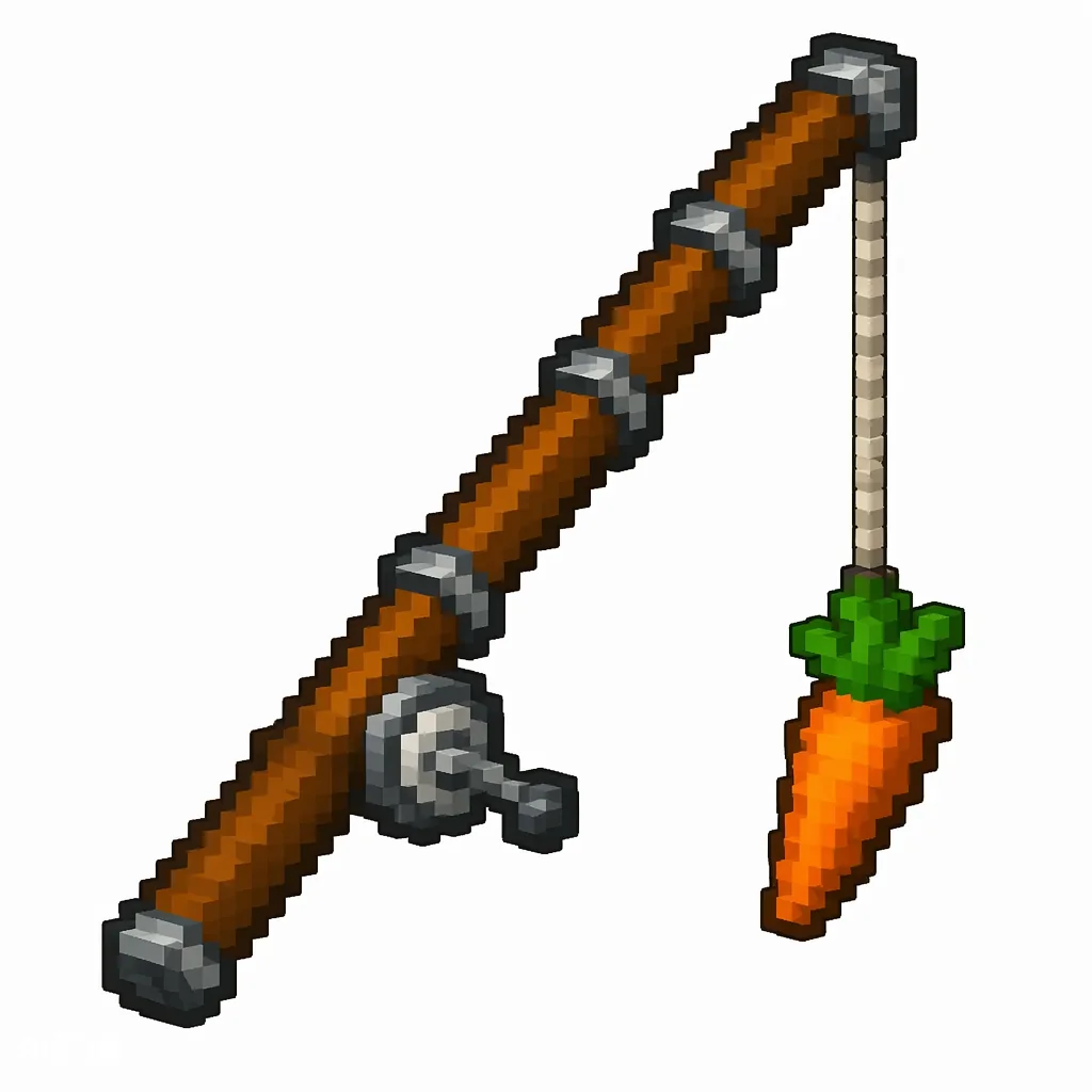 Pixel art illustration of a carrot on a stick, a rod dangling an orange carrot