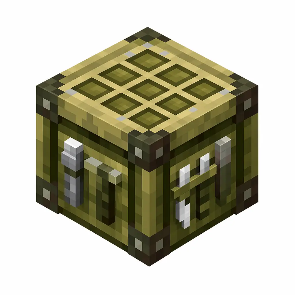 Pixel art illustration of a cartography table block with a map grid on the top