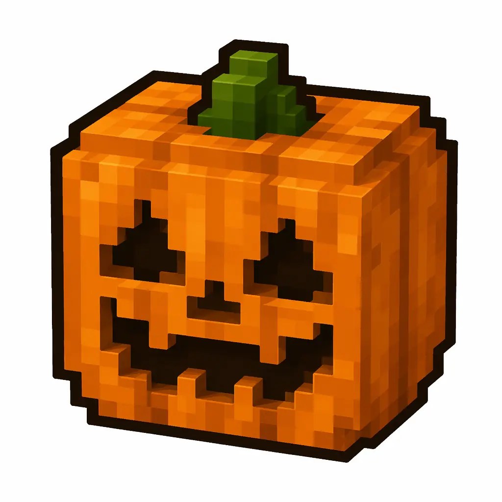 Pixel art illustration of a carved pumpkin in chunky voxel game style