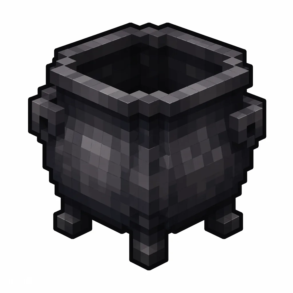 Pixel art illustration of a cauldron in chunky voxel game style
