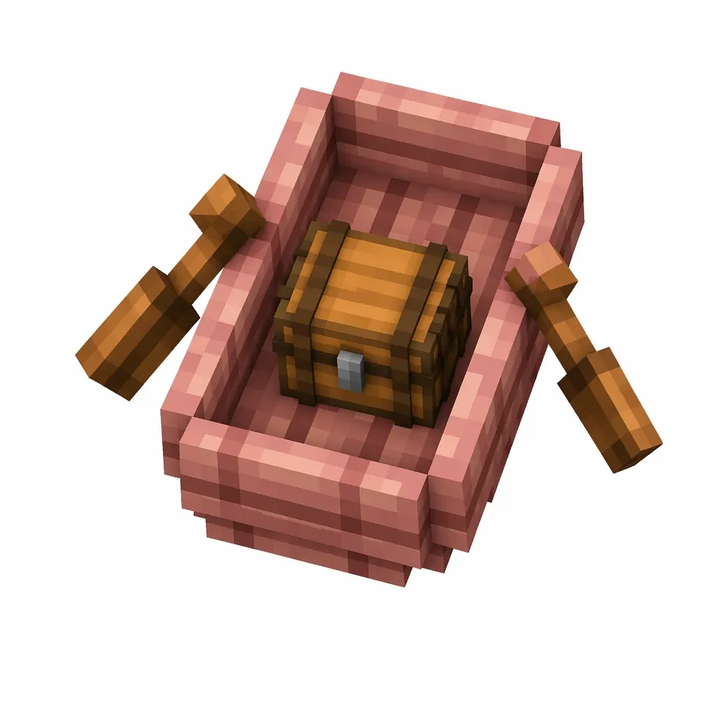 Pixel art illustration of a soft pink cherry boat with a chest strapped in the middle