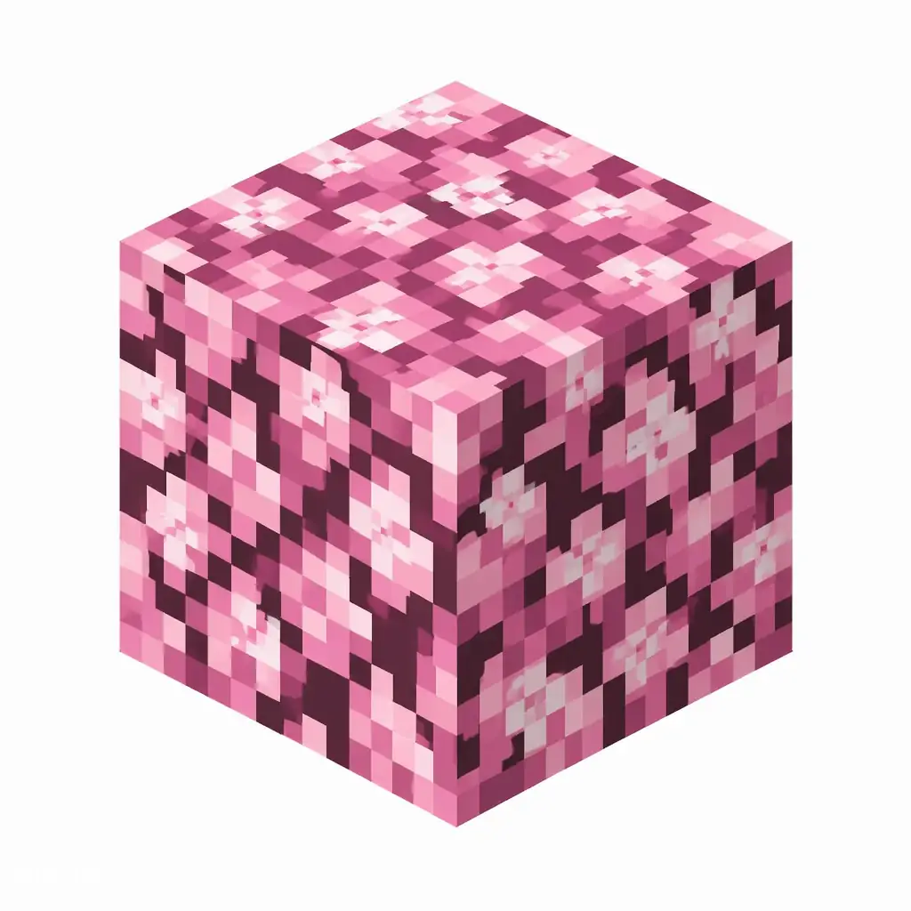 Pixel art illustration of a cherry leaves block with soft pink blossom foliage