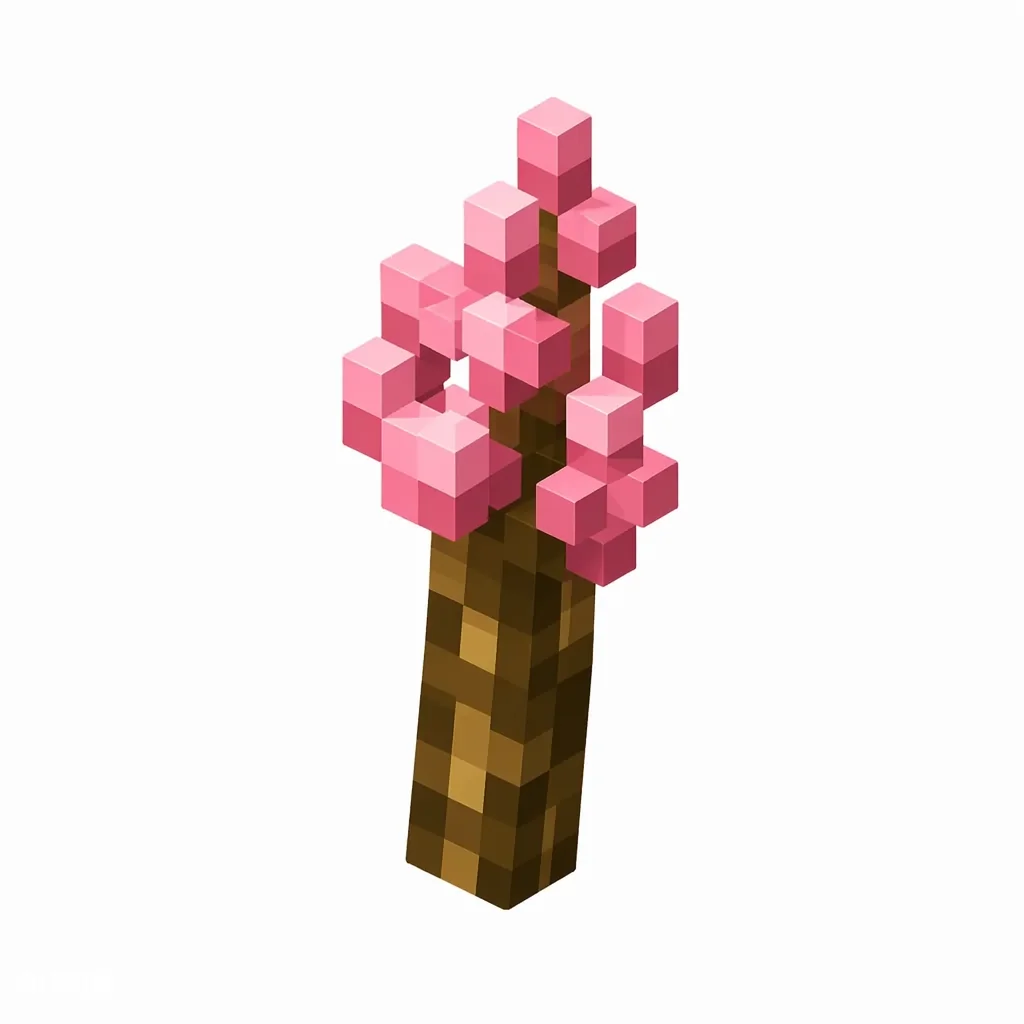 Pixel art illustration of a cherry sapling with a brown trunk and soft pink blossom leaves