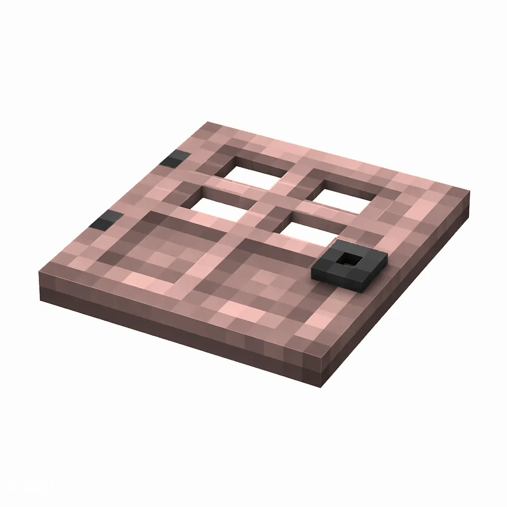 Pixel art illustration of a flat cherry wooden trapdoor with a dark metal ring handle