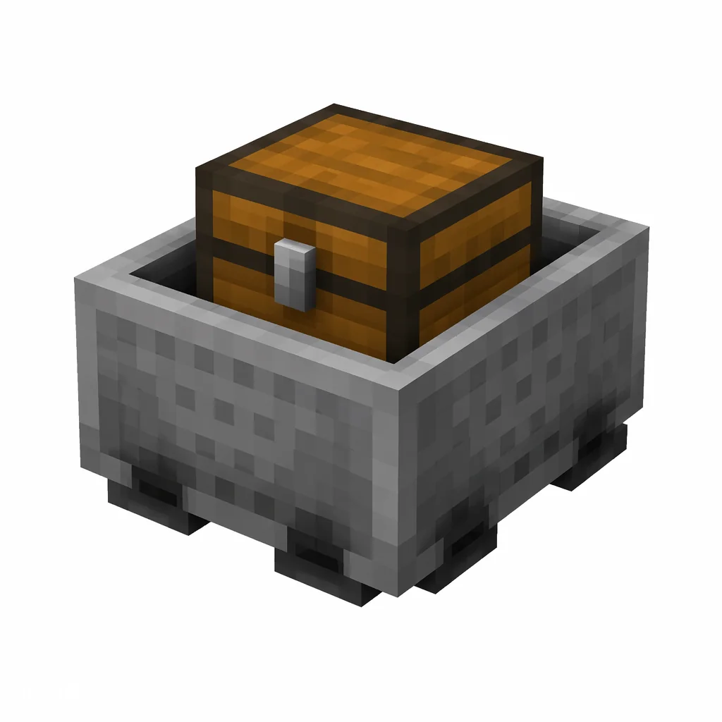 Pixel art illustration of a minecart carrying a brown wooden chest