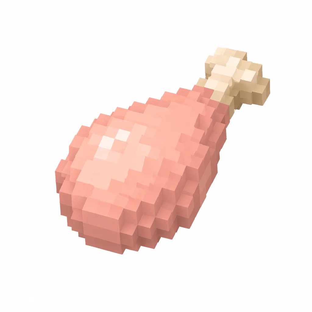 Pixel art illustration of a raw chicken drumstick with pale pink meat