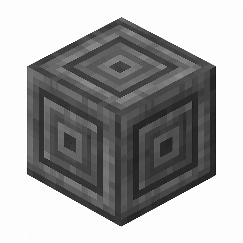 Pixel art illustration of a chiseled deepslate block with a carved square spiral relief
