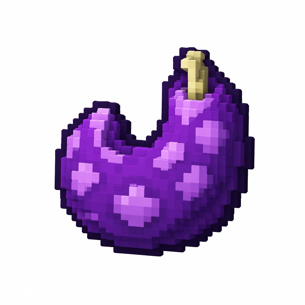 Pixel art illustration of a curved purple chorus fruit with lighter lavender spots