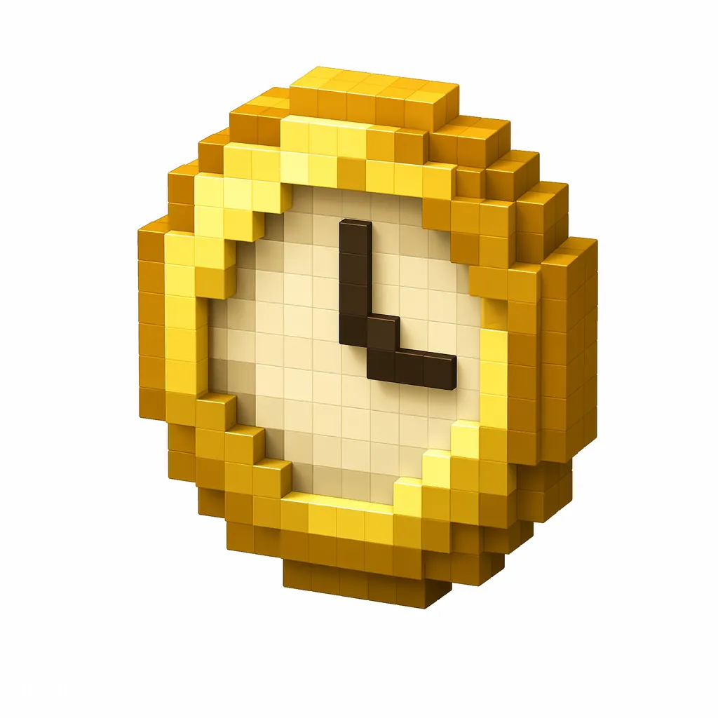 Pixel art illustration of a round golden clock with a light dial