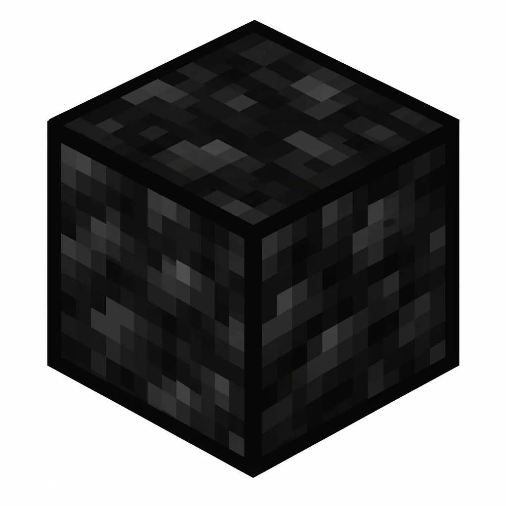 Pixel art illustration of a block of coal in chunky voxel game style