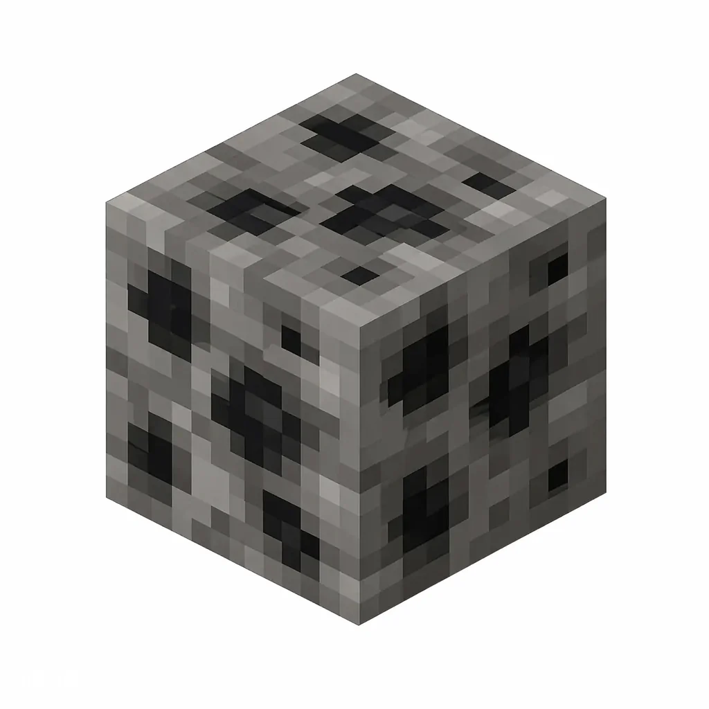 Pixel art illustration of a coal ore block with black coal specks in gray stone