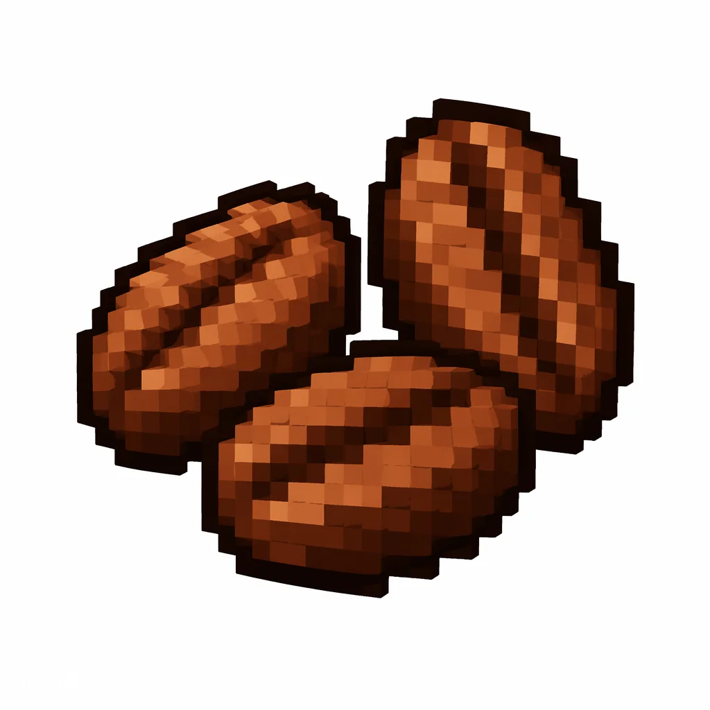 Pixel art illustration of a cocoa beans in chunky voxel game style