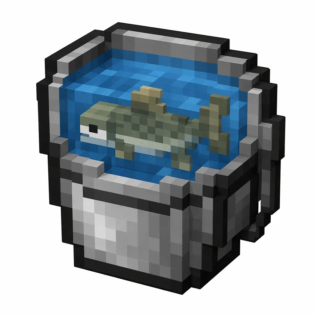 Pixel art illustration of a metal bucket with a live cod inside