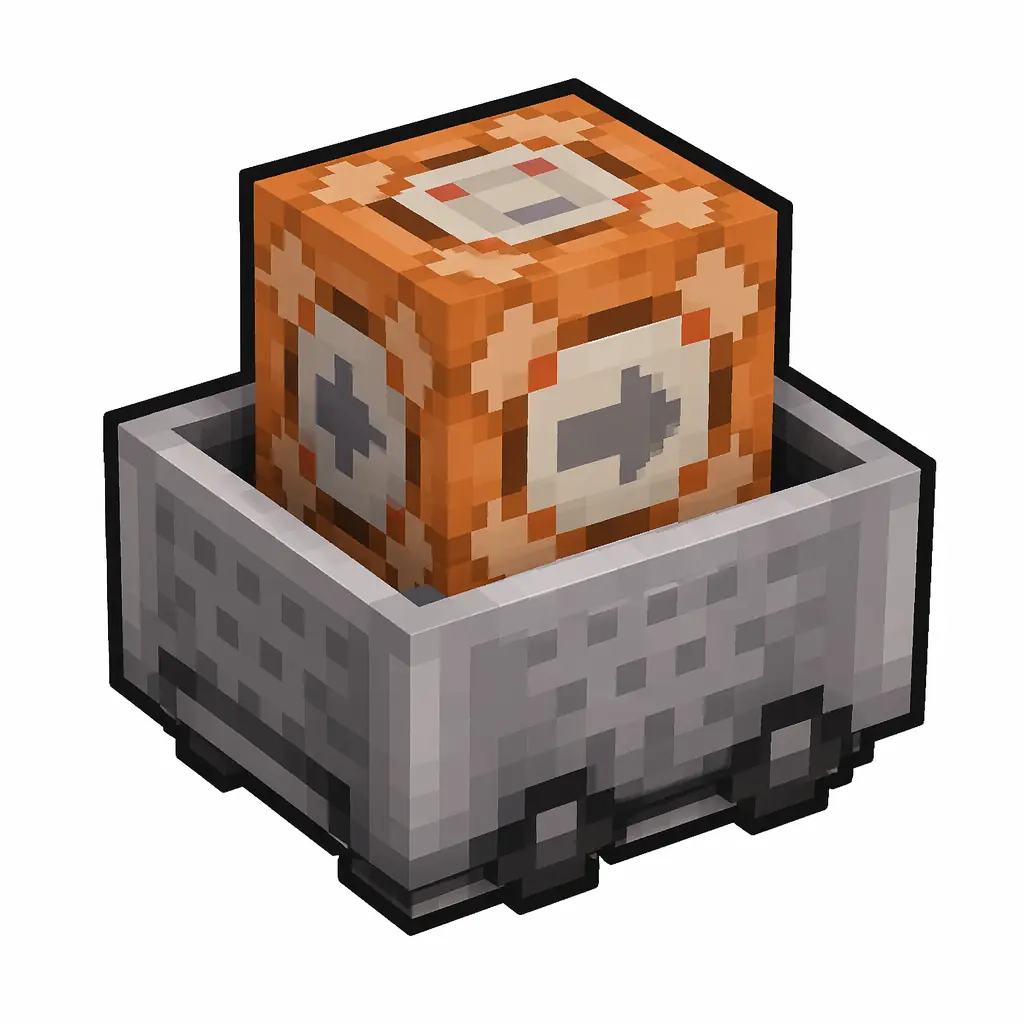 Pixel art illustration of a minecart with command block in chunky voxel game style
