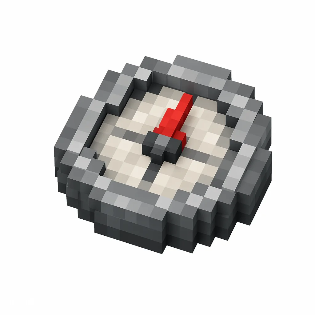 Pixel art illustration of a gray compass with a red needle