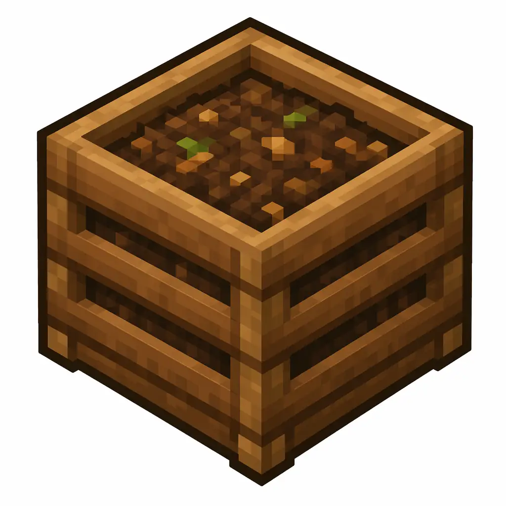 Pixel art illustration of a composter in chunky voxel game style