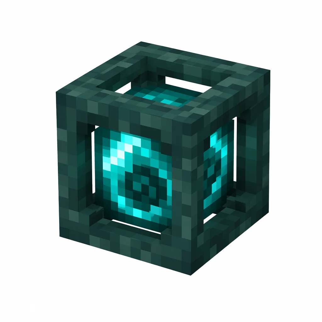Pixel art illustration of a conduit with a glowing blue core inside a dark shell cage