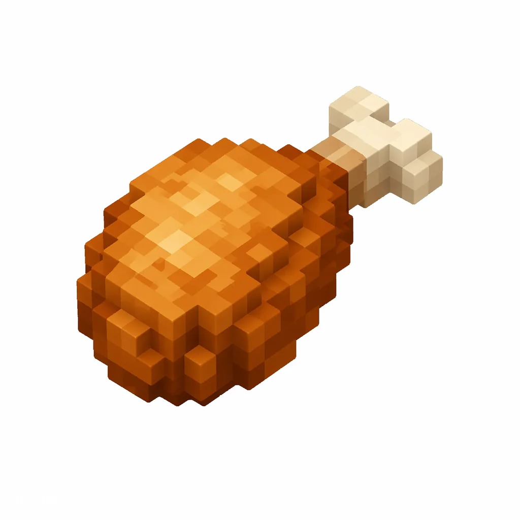 Pixel art illustration of a golden-brown cooked chicken drumstick with a small bone