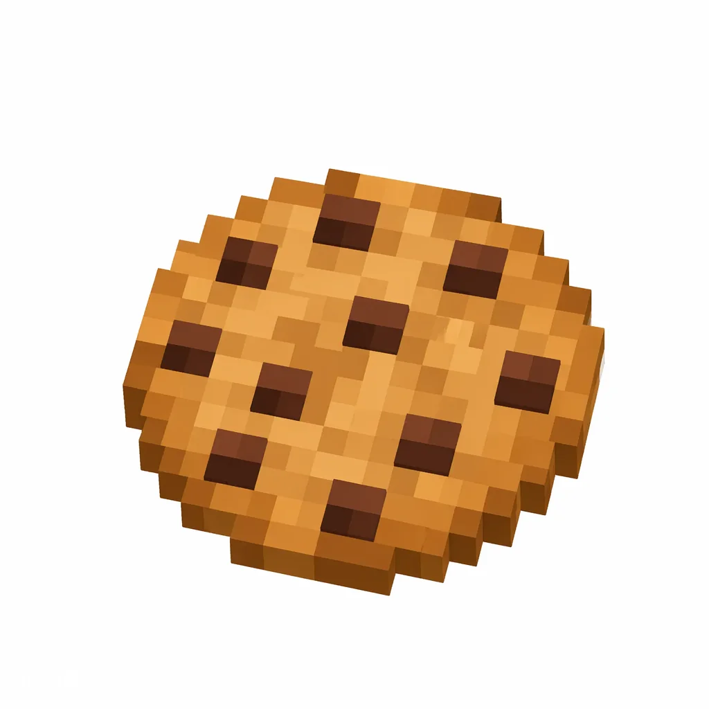 Pixel art illustration of a round tan cookie with dark chocolate chips