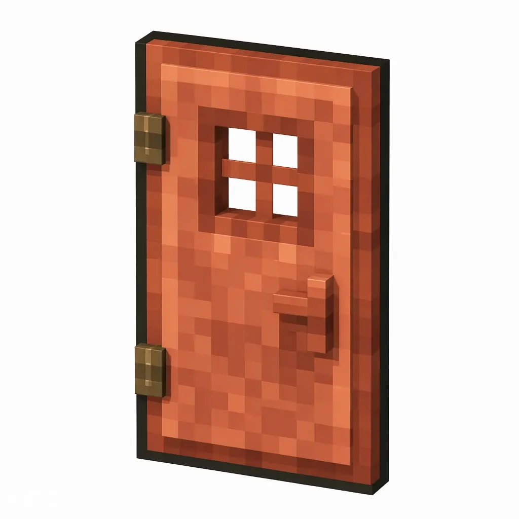 Pixel art illustration of a copper door, warm orange-brown metal