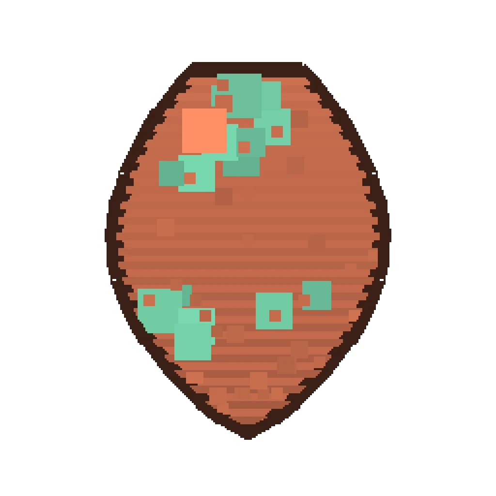 Pixel art illustration of a copper golem spawn egg with a two-tone speckled shell