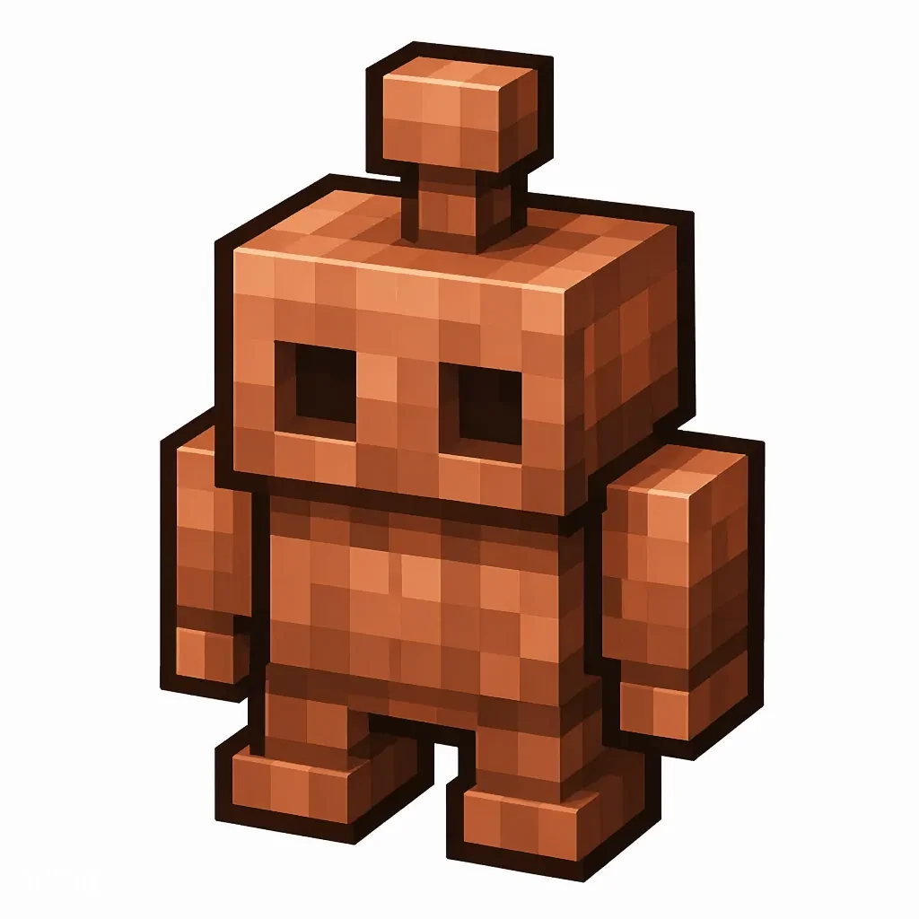 Pixel art illustration of a copper golem statue, warm orange-brown metal