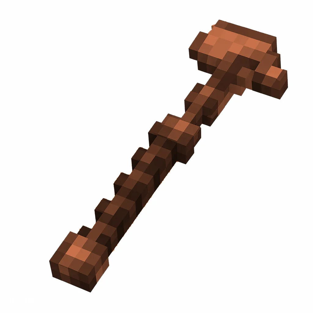 Pixel art illustration of a copper hoe, warm orange-brown metal