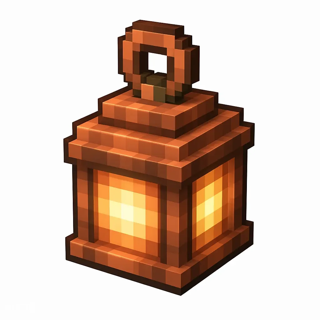 Pixel art illustration of a copper lantern, warm orange-brown metal