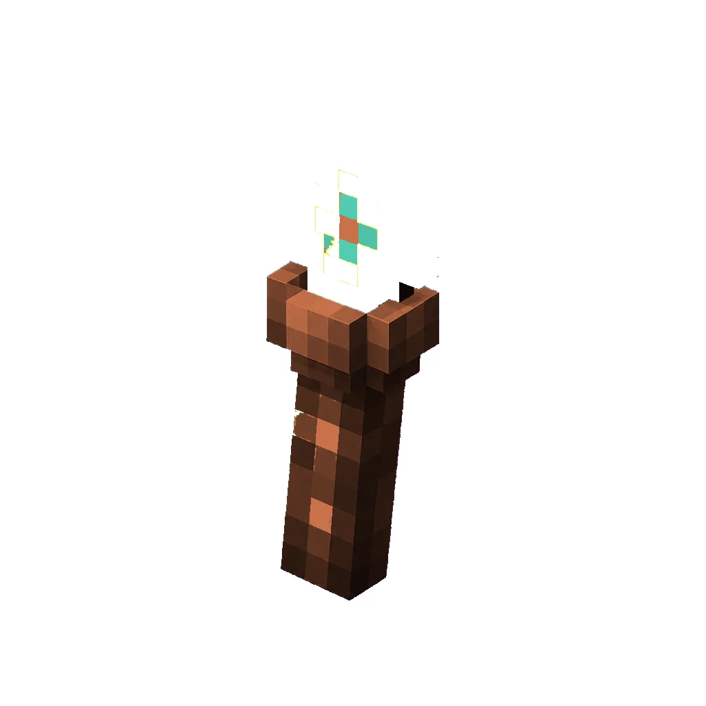 Pixel art illustration of a copper torch with a teal-green flame