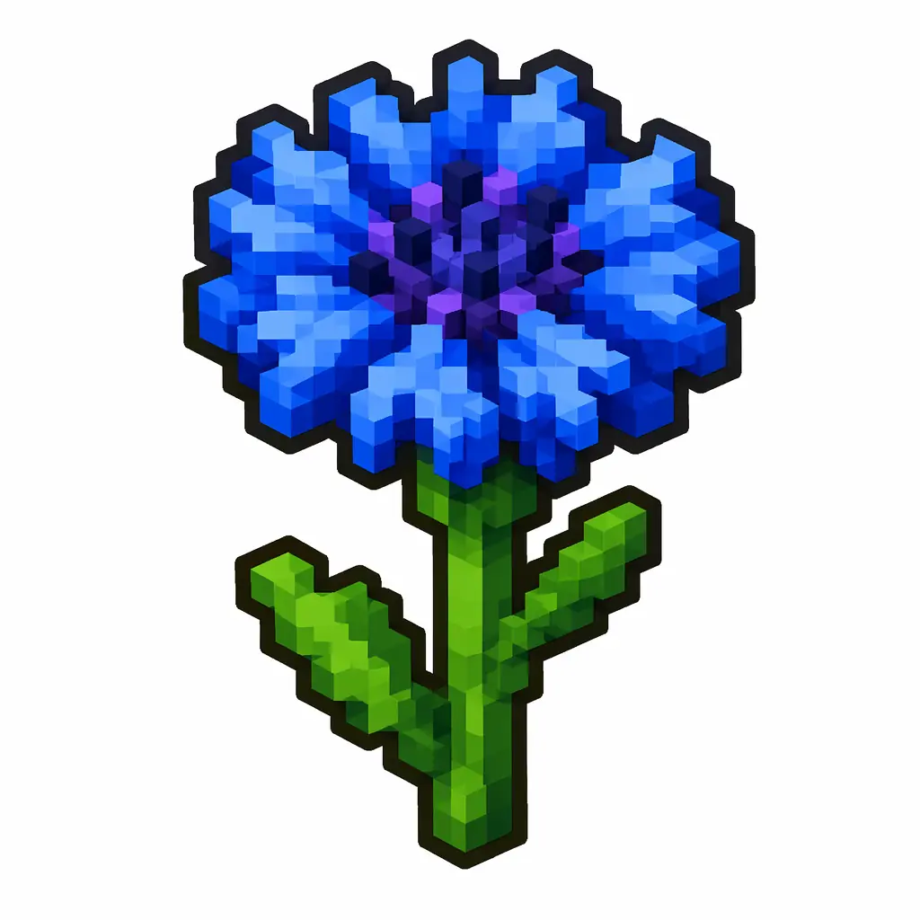 Pixel art illustration of a cornflower in chunky voxel game style