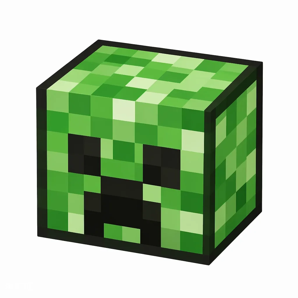 Pixel art illustration of a creeper head, a blocky decorative head block