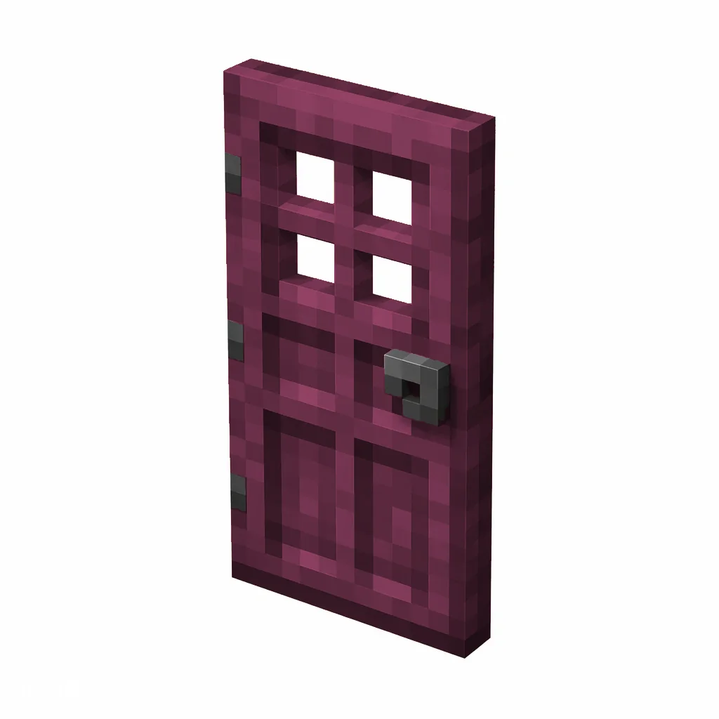 Pixel art illustration of a crimson wooden door with window holes and a gray metal handle