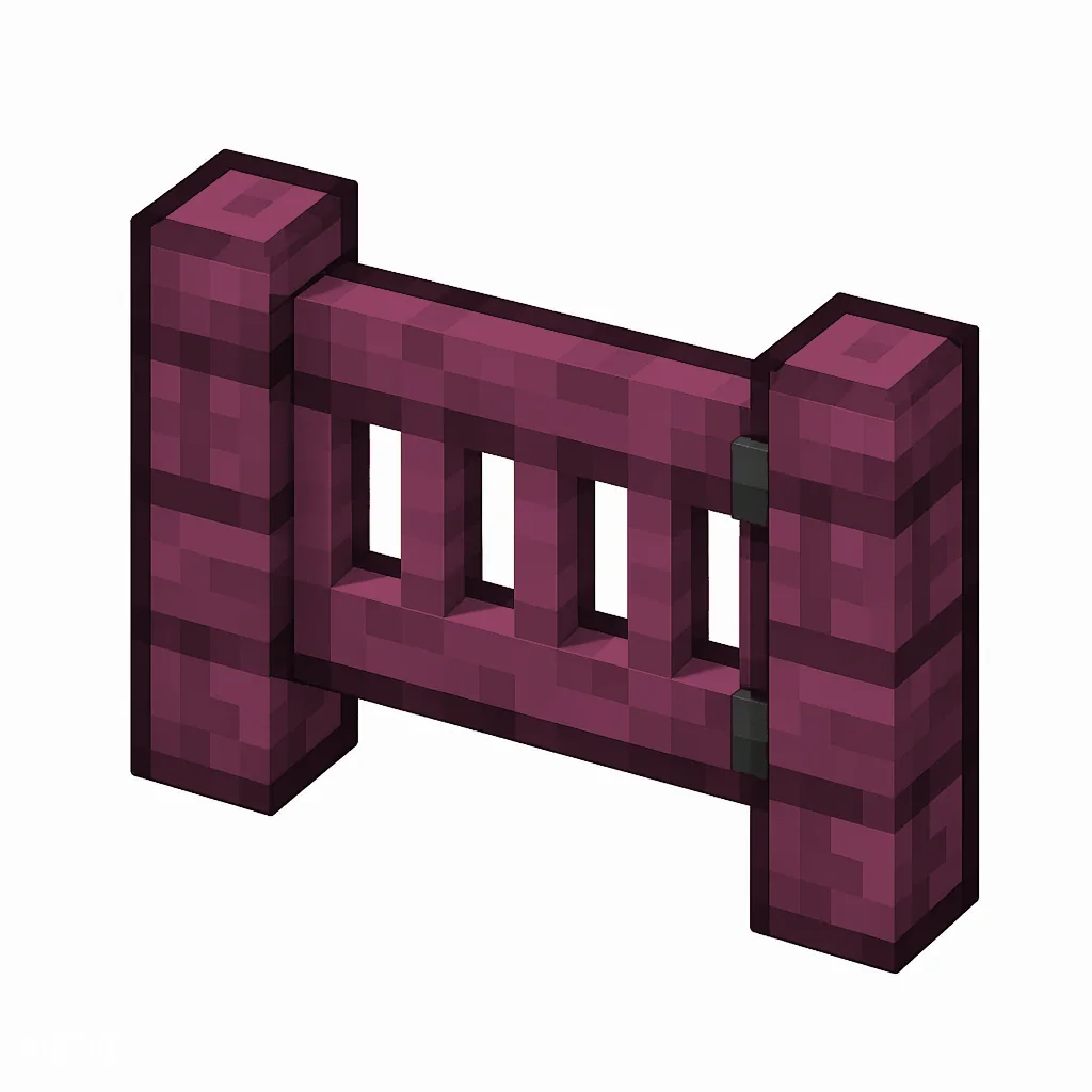 Pixel art illustration of a crimson fence gate with a slatted swinging panel