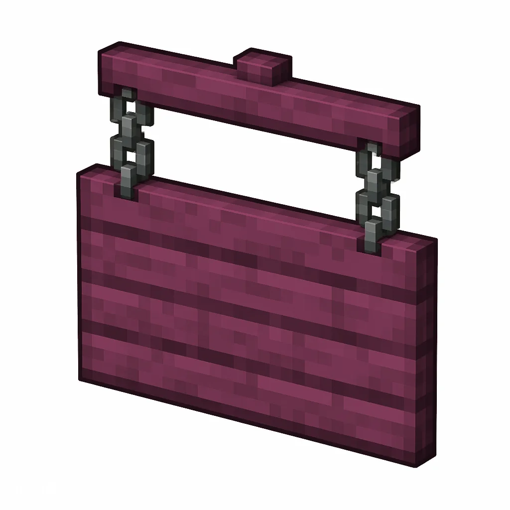 Pixel art illustration of a crimson hanging sign board suspended from two gray metal chains