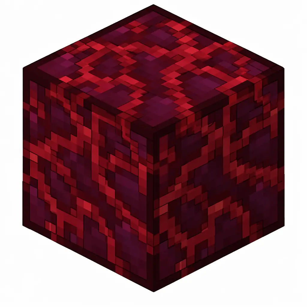 Pixel art illustration of a crimson hyphae block with nether fungus bark on all faces
