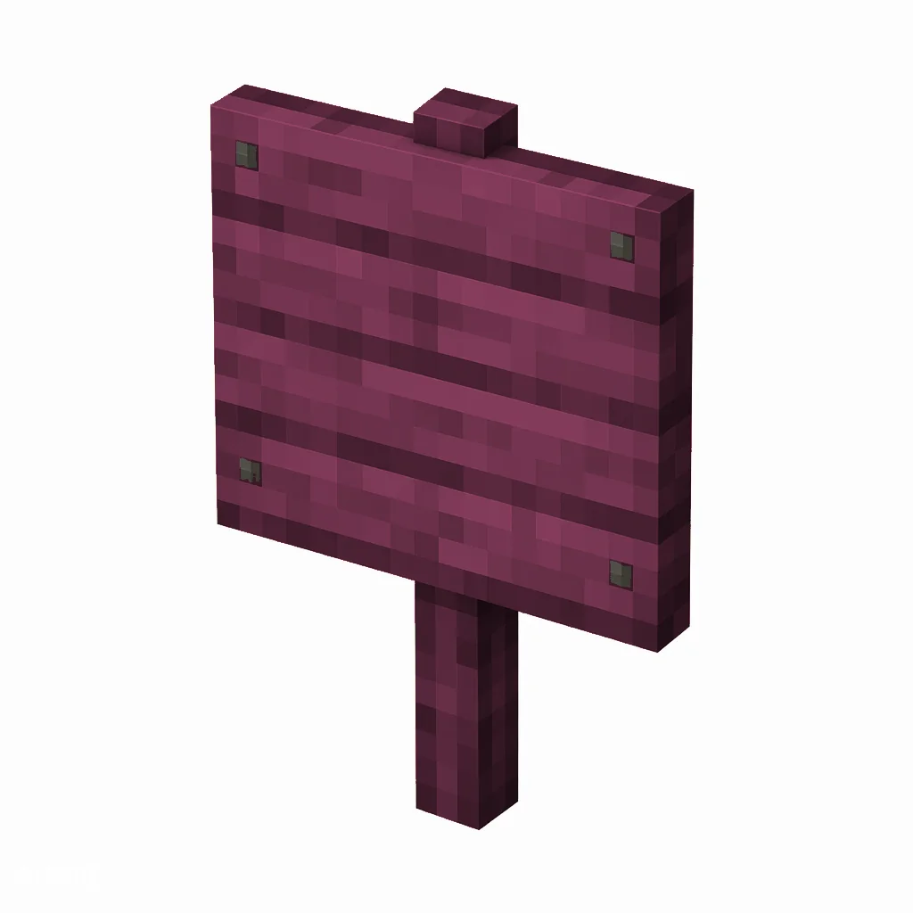 Pixel art illustration of a crimson wooden sign board on a short post