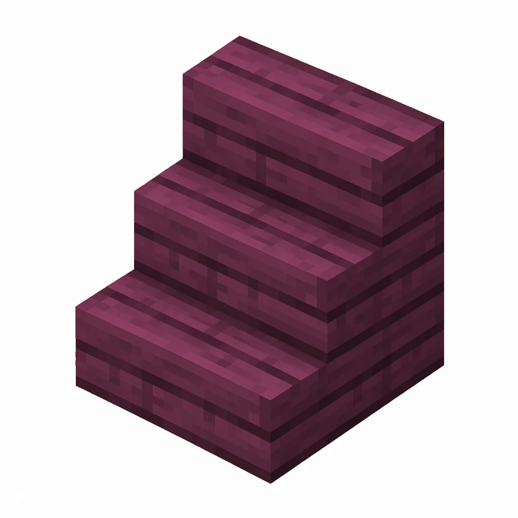 Pixel art illustration of an L-shaped crimson wooden stairs block with visible wood grain
